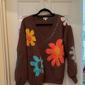 POL Brown V-Neck Sweater with Floral Accents
